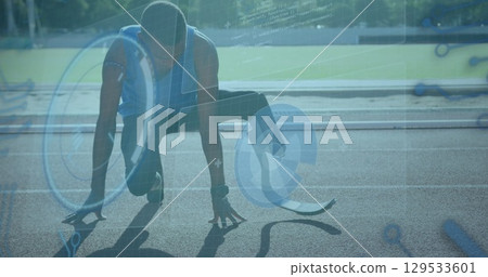 Image of digital interface over african american men with physical disability running Image of digital interface over african american men with physical disability running 129533601