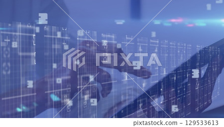 Image of data processing over hands of caucasian woman using tablet 129533613