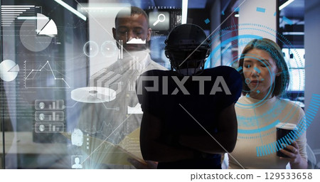 Image of data processing over diverse business people talking and walking 129533658