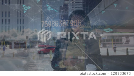 Image of network of connections against african american businesswoman using smartphone Image of network of connections against african american businesswoman using smartphone 129533673