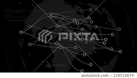 Digital image of network of connections over spinning globe against black background Digital image of network of connections over spinning globe against black background 129533674