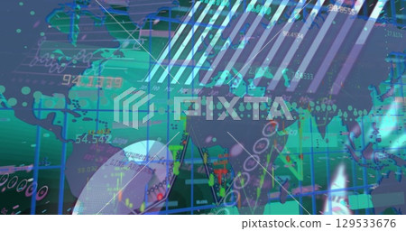 Digital image of financial and statistical data processing over world map on blue background Digital image of financial and statistical data processing over world map on blue background 129533676