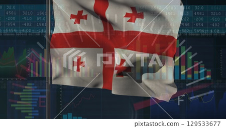 Image of georgia flag over statistical data processing against blue background 129533677