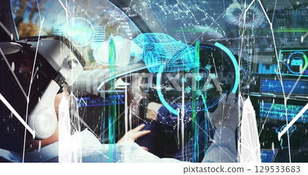 Screens of network of connections and data processing over man wearing a vr headset driving a car Screens of network of connections and data processing over man wearing a vr headset driving a car 129533683