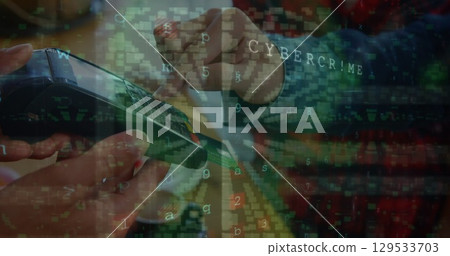 Image of cyber crime and padlock over hands of caucasian people using payment terminal Image of cyber crime and padlock over hands of caucasian people using payment terminal 129533703