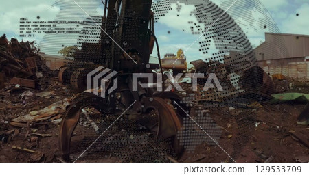 Image of globe rotating and data processing over car junkyard 129533709