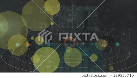 Image of dots blinking over solar system and data on digital screens over black background 129533710