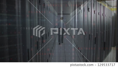 Image of cyber security data processing against male engineer walking in server room Image of cyber security data processing against male engineer walking in server room 129533717