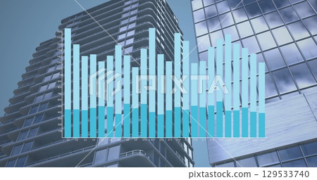 Digital image of statistical data processing against tall buildings Digital image of statistical data processing against tall buildings 129533740