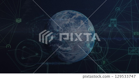 Image of two globes of digital icons and security padlock icon over globe on blue background 129533747