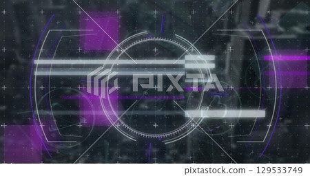 Image of network of digital icons and scope scanning over aerial view of cityscape 129533749