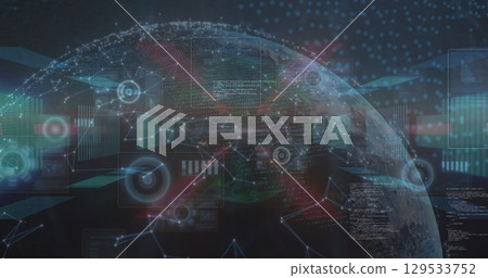 Image of network of connections and round scanners over globe against blue background 129533752