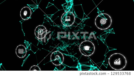 Image of falling education icons over network of connections on dark background 129533768
