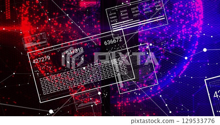 Image of data processing and network of connections over dark background Image of data processing and network of connections over dark background 129533776
