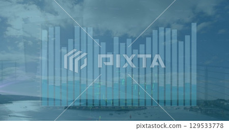 Image of financial graphs over landscape with lake and clouds Image of financial graphs over landscape with lake and clouds 129533778
