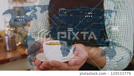 Image of data processing over hands holding cup of coffee Image of data processing over hands holding cup of coffee 129533779
