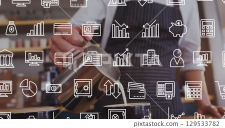 Image of business icons over caucasian man preparing cup of coffee 129533782