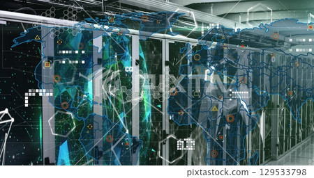 Image of shapes, icons and world map over server room 129533798
