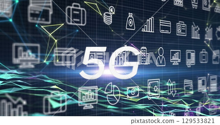 Image of falling icons and 5g text over dark background 129533821