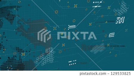Image of covid cell over world map and data processing Image of covid cell over world map and data processing 129533825