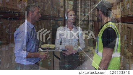 Image of caucasian female and male warehouse worker over graphs 129533848