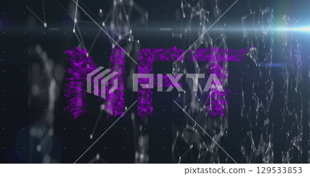 Image of waves, nft, connections and lights on black background 129533853