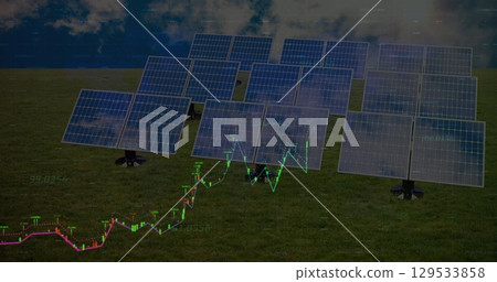 Image of network of connections with icons over solar panels and grid Image of network of connections with icons over solar panels and grid 129533858