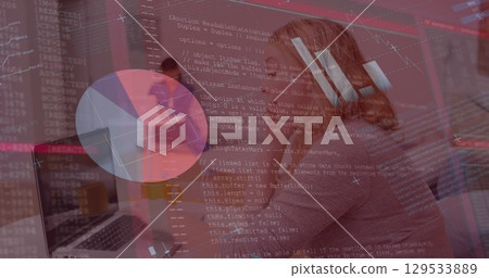 Image of data processing and graphs over caucasian woman working on laptop in office Image of data processing and graphs over caucasian woman working on laptop in office 129533889