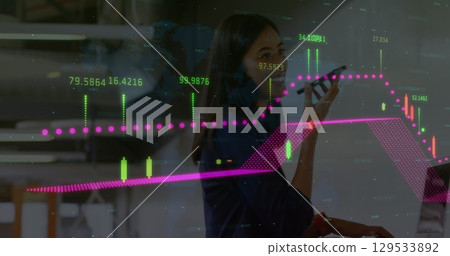 Image of data processing over businesswoman at office Image of data processing over businesswoman at office 129533892