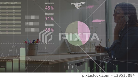 Image of statistics and data processing over man using computer Image of statistics and data processing over man using computer 129533894