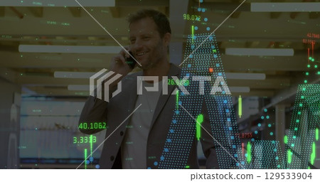 Image of financial data processing over businessmen using smartphone Image of financial data processing over businessmen using smartphone 129533904