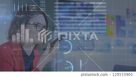 Image of financial data processing over businesswomen using smartphone Image of financial data processing over businesswomen using smartphone 129533905