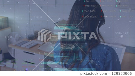 Image of data processing over caucasian businesswoman at office 129533906