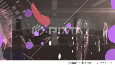 Image of violet dots floating over lines and data on brown background 129533907