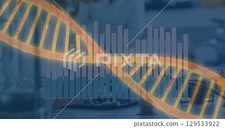 Image of graphs and dna over midsection of female lab worker 129533922