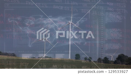 Image of financial data processing over electric windmill Image of financial data processing over electric windmill 129533927