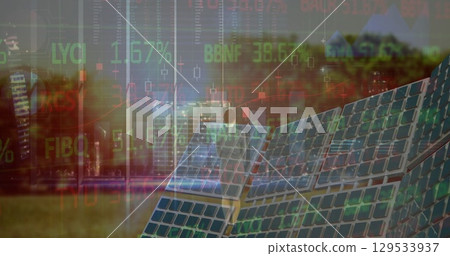 Image of financial data processing over solar panel Image of financial data processing over solar panel 129533937