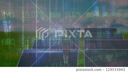 Image of financial data processing over solar panel 129533943