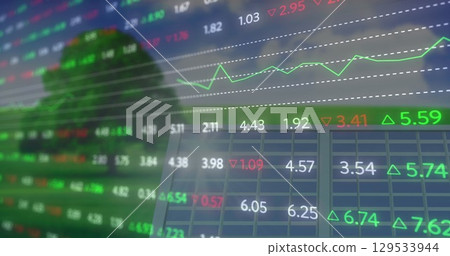Image of financial data and graphs over solar panels 129533944