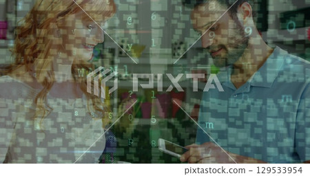 Image of files icons and cyberattack warning over diverse people paying with smartphone Image of files icons and cyberattack warning over diverse people paying with smartphone 129533954