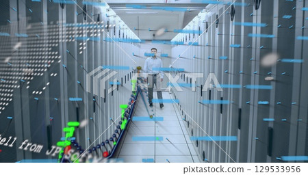 Financial data processing and world map over caucasian male engineer walking in computer server room Financial data processing and world map over caucasian male engineer walking in computer server room 129533956