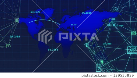Image of world map with data processing over network of connections with icons 129533959