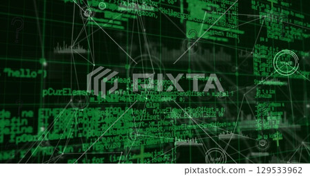 Image of connections and data processing on black background 129533962