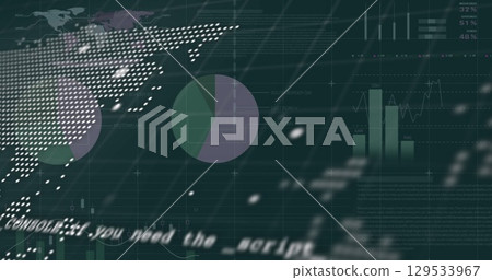 Image of world map, data, graphs and financial data on black background 129533967