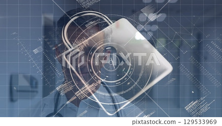 Image of data processing and padlock icon over caucasian male doctor Image of data processing and padlock icon over caucasian male doctor 129533969