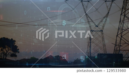 Image of scanning, virus warning and digital padlock over electricity poles Image of scanning, virus warning and digital padlock over electricity poles 129533980