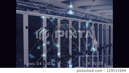 Image of network of connections with globe and glitch over server room 129533994