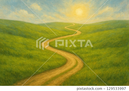 A Serene Pathway Through Lush Green Hills Under a Bright Sunlight Sky 129533997