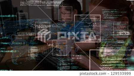 Image of data processing over world map against caucasian girl using computer at school Image of data processing over world map against caucasian girl using computer at school 129533999