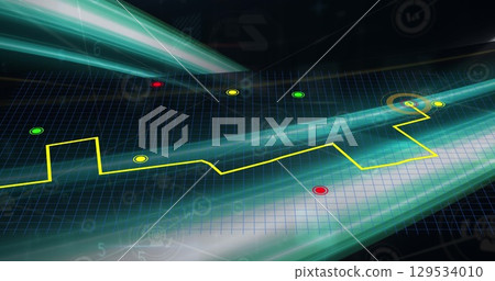 Image of green light trails over cyber security data processing against black background Image of green light trails over cyber security data processing against black background 129534010